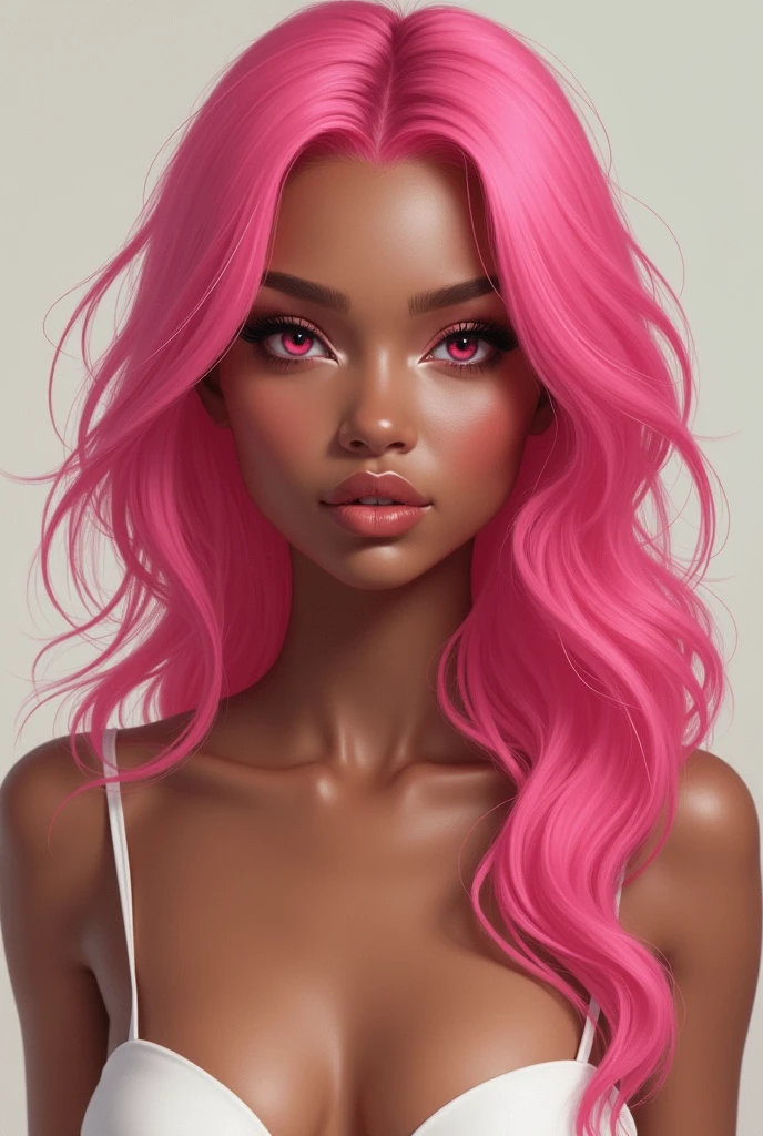 Oval shaped face, dark brown skin color woman, pink hair, light pink eyes, long eyelashes, small nose, narrow chin, full pink lips, front view, wearing white mini dress