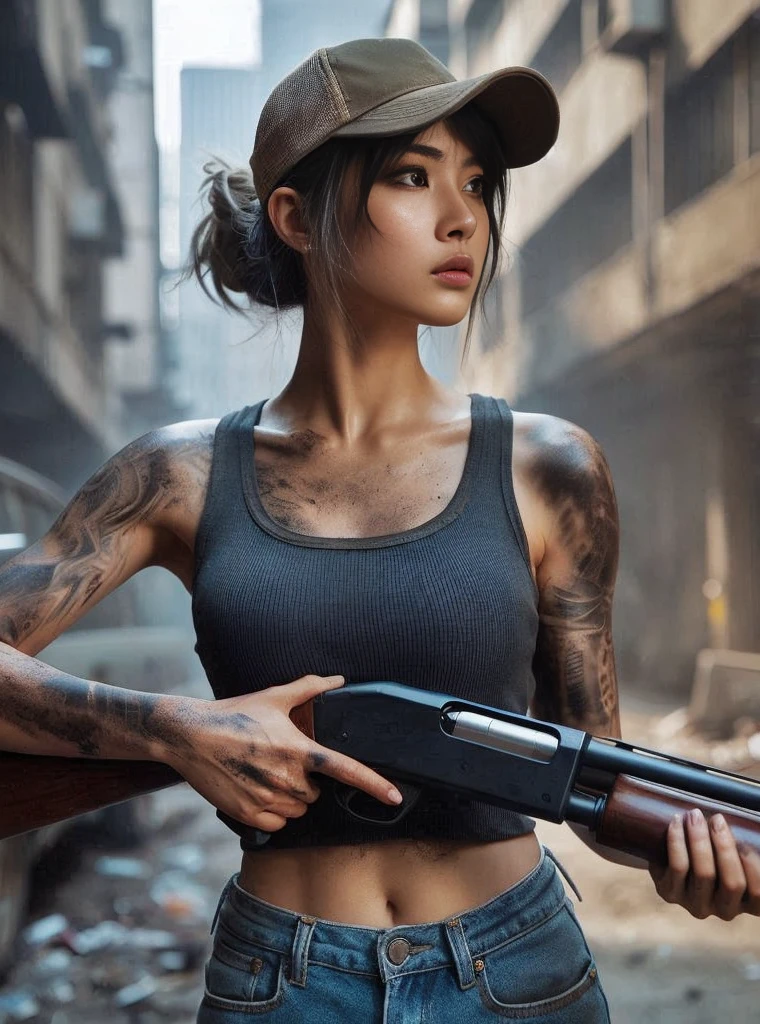8k,Realistic Photo、Realistic Skin Texture、Superrealism、Japanese women living in America、General citizens、Civilian、Tattoo、cap、jeans、sneakers、Short sleeve shirt、Beauty、American cityscape、Old building、Reload、row pods、
Mossberg ｍShooting a 590 shotgun、Covered in scars、It is dirty、muscle、The background is out of focus、Building wall、Dramatic Images、Battleground、The strongest woman、Former Marine、Be vigilant、