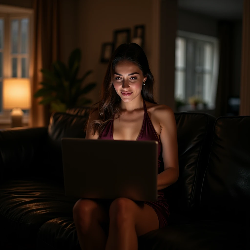 A beautiful and porn actress model young woman with plump lips in her 30s, in a dark foggy hall of a big house sitting on a leather sofa  and looking at a laptop, the laptop is on her lap, and she is typing something, happy woman, evening time, cozy style, black Leather sofa, sexy short silk dress, huge breasts, very hot woman, beautiful face, sexy sporty legs, seductive gaze, busty woman, high resolution picture
