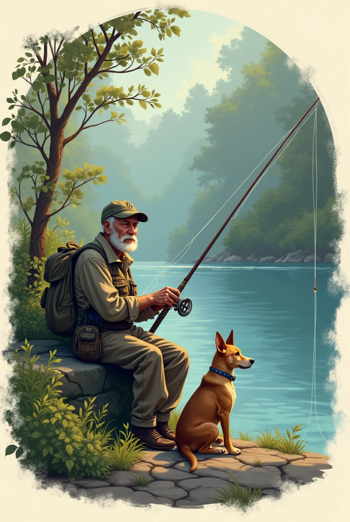 Logo of a fishing club with the acronym SAFO. An elderly man fishing by the river with his dog companion.