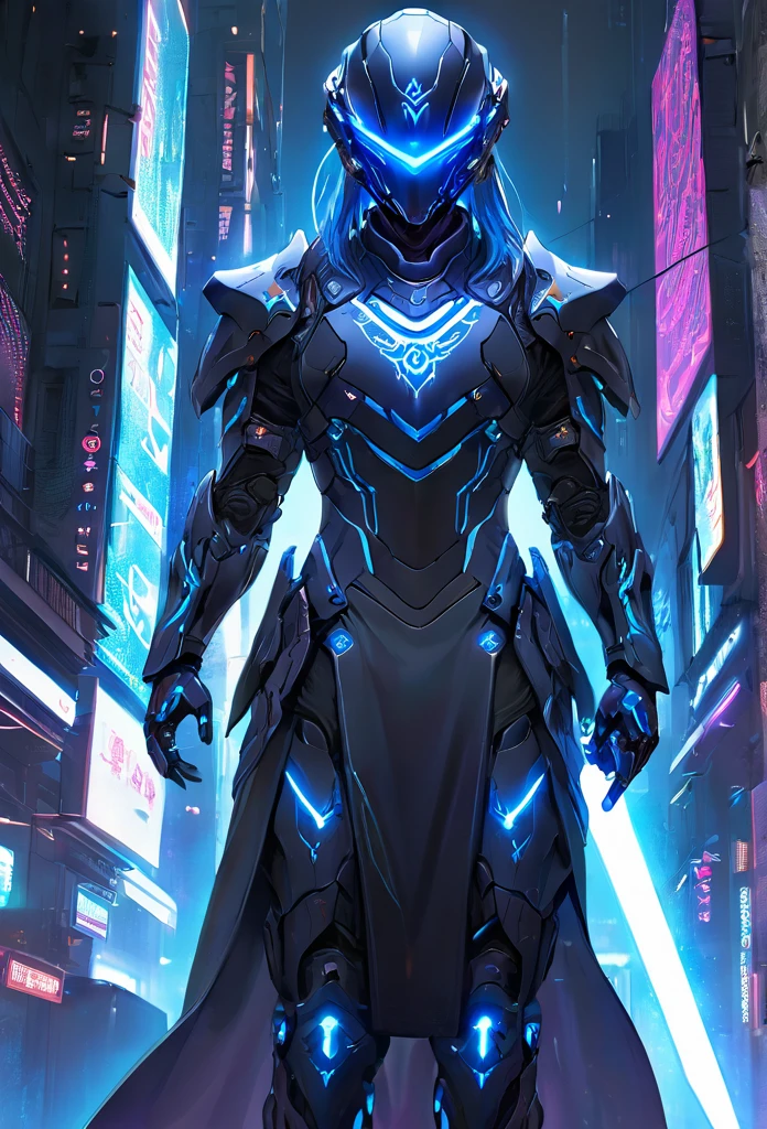 **Title**: "Cyberpunk Enchanted Islamic Warrior"
**Description**:
The wallpaper showcases a full-body depiction of a futuristic Islamic warrior, blending traditional elements with advanced cyberpunk technology. The warrior stands tall, exuding power and righteousness, with long blue hair tied into a sleek ponytail, and intense purple eyes that glow with an otherworldly energy.
His armor is a high-tech, cyberpunk version of traditional Islamic armor. It is composed of sleek, metallic plates that cover his entire body, reminiscent of Iron Man's suit but with an Islamic cultural twist. The armor features intricate geometric patterns and calligraphy etched into the metal, glowing softly in a neon blue that contrasts with the dark, matte black of the suit. The plates are interconnected with glowing circuits, giving the armor a cutting-edge, futuristic appearance.
The warrior’s helmet, shaped in a way that respects Islamic cultural attire, has a visor that can retract, revealing his face, which is set in a calm, confident expression. The visor glows with the same neon blue light as his armor, and when activated, it displays intricate holographic readouts and symbols, reminiscent of advanced HUDs in cyberpunk settings.
His right arm is equipped with a long, cybernetic sword that seems to be a fusion of metal and light, glowing with a frosty, icy blue aura. The blade is etched with Quranic verses in flowing Arabic script, which pulse with energy. His left arm is a powerful gauntlet, capable of projecting energy shields or firing plasma bolts, with circuits running through it that glow with the same neon blue.
The warrior’s cloak is made of a high-tech, adaptive fabric that can blend into its surroundings, offering both camouflage and protection. The edges of the cloak are adorned with glowing Islamic motifs, and it flows gracefully as he moves, adding an air of mysticism to his otherwise futuristic appearance.
The background is a cyberpunk cityscape at night, with tow