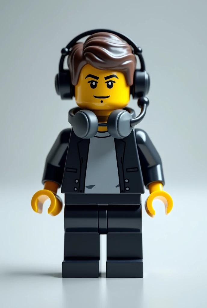 Make a lego of a handsome boy gaming put some headset in his neck and long-sleeved standing straight facing forward put some bangs on it and a little mole in the mouth below lips