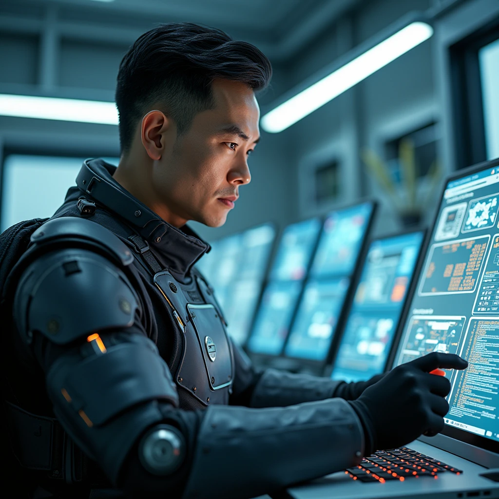 A very handsome middle-aged Chinese man in armor,In a modern laboratory,His face was illuminated by the glow of the holographic display.,Working on cutting-edge technology in a high-tech research lab