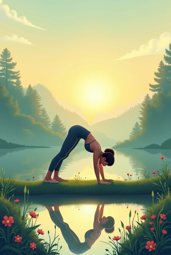 Create a serene digital illustration of a yogi in the 'Watch Facing Dog' pose (also known as Downward-Facing Dog). Imagine the scene set in a tranquil, natural environment at dawn. The yogi is positioned on a grassy platform overlooking a calm, reflective lake. The sky is painted in soft hues of early morning, with the first light of the sun casting a warm, golden glow over the landscape. The yogi's body forms a strong, graceful triangle, with their hands firmly planted on the ground and their feet grounded, stretching towards the horizon. Their gaze is softly focused downwards, as if watching their reflection in the still water below. Surrounding the yogi, the environment is lush with greenery, and a few delicate flowers bloom nearby, adding a touch of color. The overall atmosphere should evoke a sense of peace, balance, and connection with nature