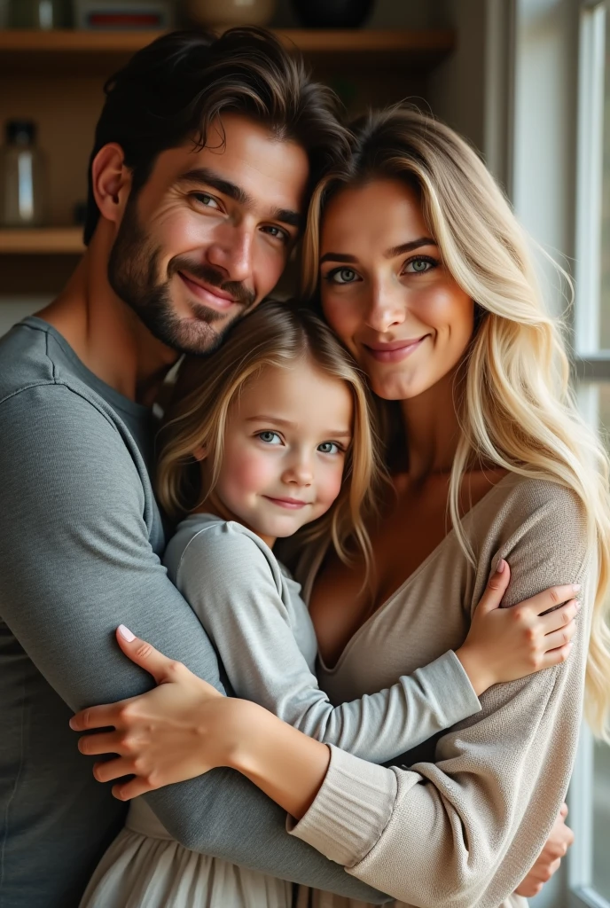  blonde child blue eyes hugging her father dark brown hair and brown eyes and her mother blonde green eyes long hair in london 8k ultra realistic photorealistic 