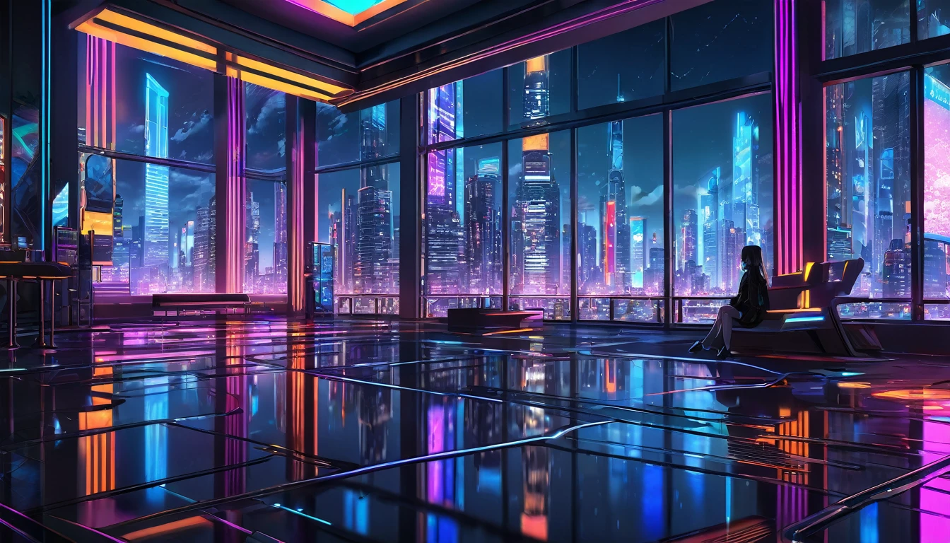 a beautiful night cityscape, futuristic skyscrapers, glowing windows, stunning cityscape, anime style, vibrant colors, cinematic lighting, intricate details, digital art, 8k, hyperrealistic, masterpiece, highly detailed, volumetric lighting, moody atmosphere, neon lights, reflections, dramatic shadows