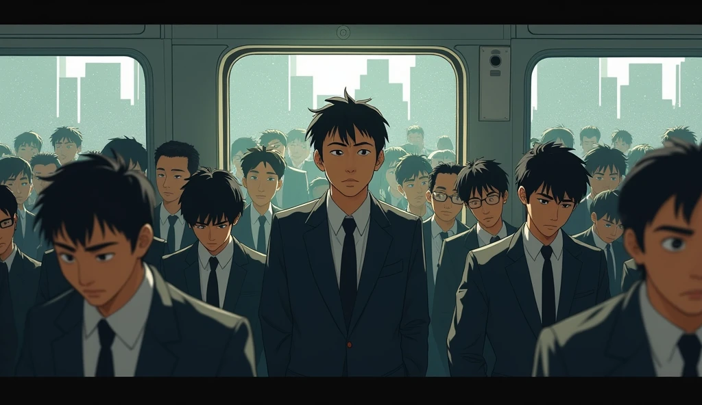 A young Japanese salaryman standing in a crowded train. The scene is realistic, capturing the morning rush hour. The salaryman, dressed in a suit, is surrounded by people packed tightly in the small space. Outside the train window, an urban landscape is visible, reflecting the sense of congestion and crowding