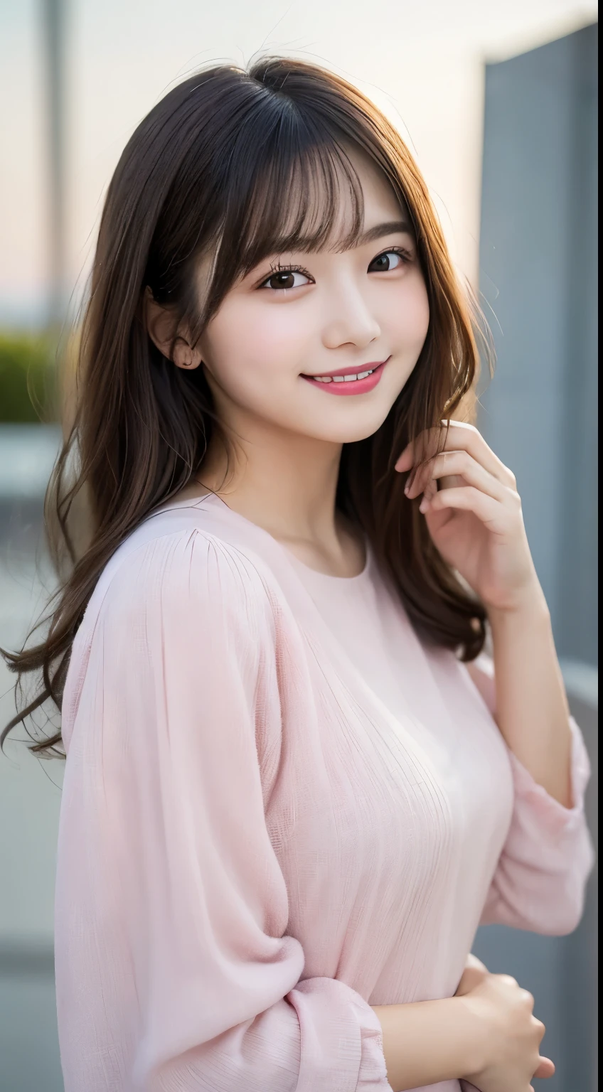 A friendly and approachable young woman in her 20s with a gentle smile, medium-length wavy hair, wearing a soft pastel pink blouse. She has a soft, warm expression, standing in a relaxed pose. The background is simple and clean, with light pastel tones, emphasizing her gentle personality and calm aura. Perfect for a romance creator profile.