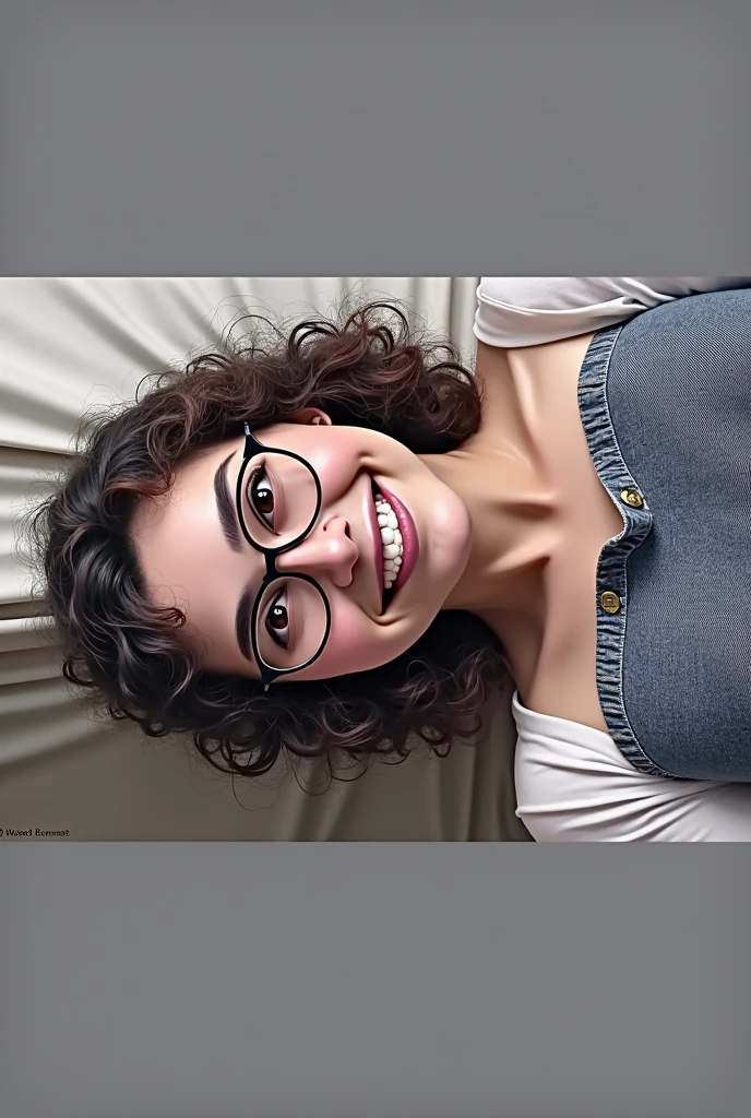 Create as the character short curly hair, curtain, glasses, being a teacher