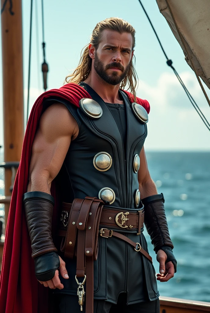 Thor s'est déguisé en pirate, se tenant sur un bateau.