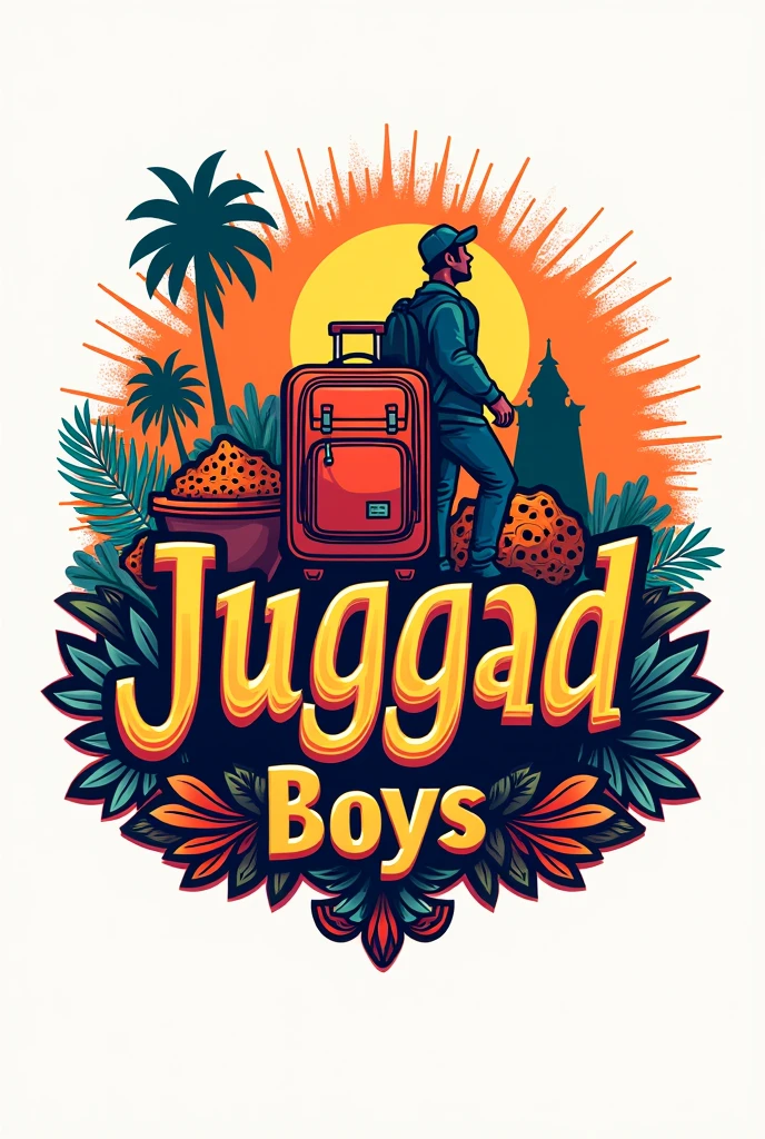 "Design a vibrant logo for 'Juggad Boys' that reflects the essence of Indian culture, combining elements of travel, food, and entertainment. Incorporate bold, traditional Indian colors and patterns, with playful typography that captures the spirit of adventure. Include symbols like a backpack or suitcase for travel, a plate of food or spices for culinary exploration, and a film reel or entertainment. The overall design should be dynamic and lively, representing a journey full of discovery and joy and for content creation."