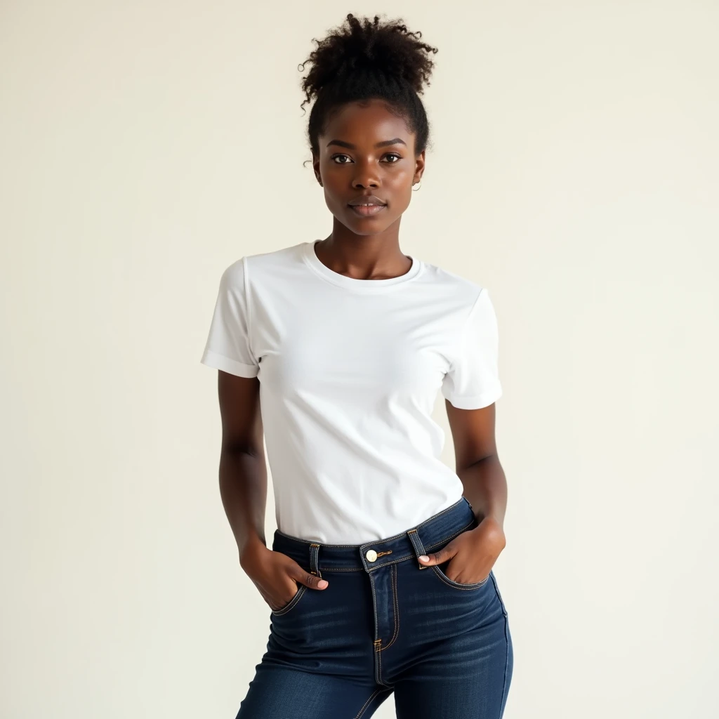 image captured with a Sony α7 III camera, full body shot,hourglass body figure, young black woman early 20's, fitted skinny jeans in Dark Blue color, fitted tee in white color, standing, both hands in the pocket, creamy white background