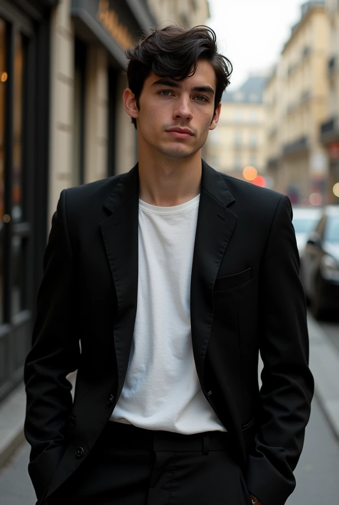 A young man with dark hair. He is dressed in a black blazer over e white t-shirt. The man standing with a calm and resigned expression.The setting includes a street in Paris, enhancing the elegant and dynamic atmosphere.In background a delicate balance of light and shadow creates an enchanting atmosophere.The model poses confidently, captured on film with sharp focus. he posing for Linkedin profile