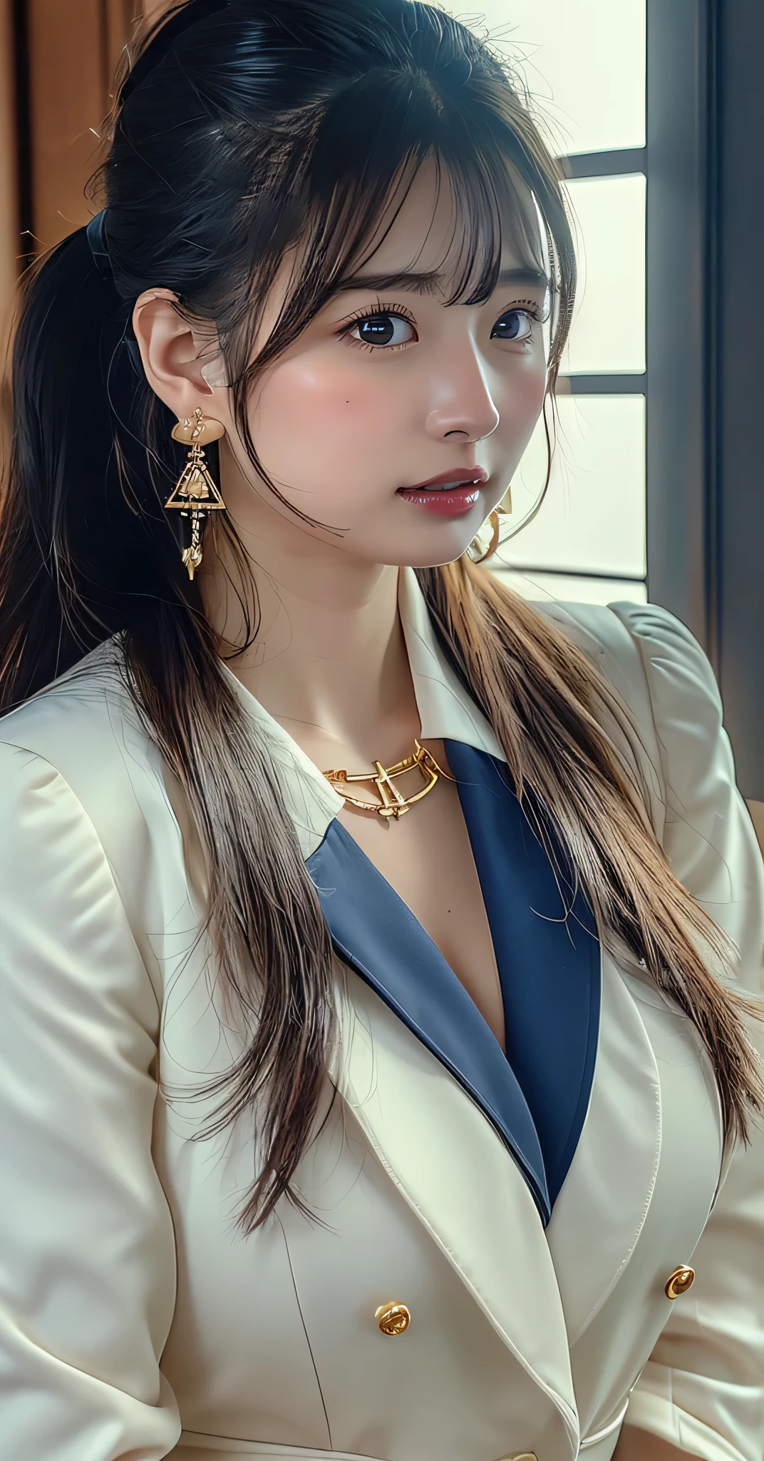 (8k,RAW Photos,Like the picture:1.45),masterpiece,Highest quality,wonderful,(セクシーなMature Woman:1),(Mature Woman:1.3), (2 woman.1.3)、(((very, very大きい)))、(((Extremely lewd and very huge boobs)))、(((Very deep cleavage)))、Hyper Real、In her office、A beautiful and dignified smile、Beautiful white skin、Beautiful, delicate and precise skin texture、With long, fluffy, beautiful brown hair(ponytail:1.0)、Beautiful Japanese Women、(Big Ass)、Thick thighs、Bright red lips、Gold earrings、Gold bracelet、Gold Necklace、{Charcoal gray suit(White blouse)}, (A badge with the SDGs symbol on the left lapel of the suit)