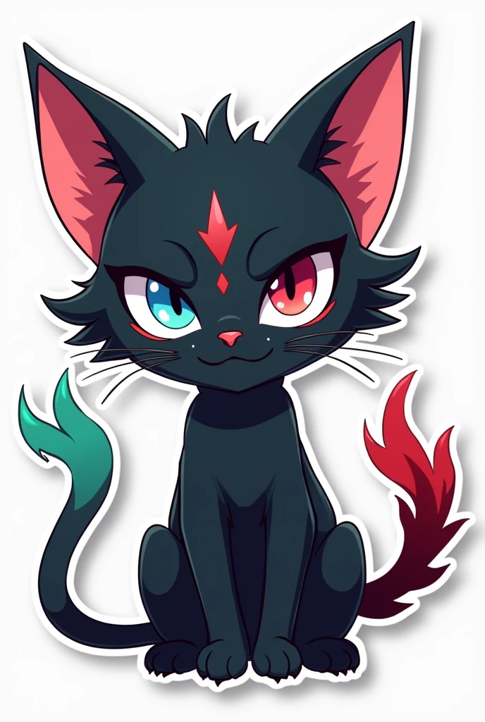   Devil Hot Black cat with bluered eyes and crimson red and green tail and pink ear cartoon  with human emotions anime sticker 