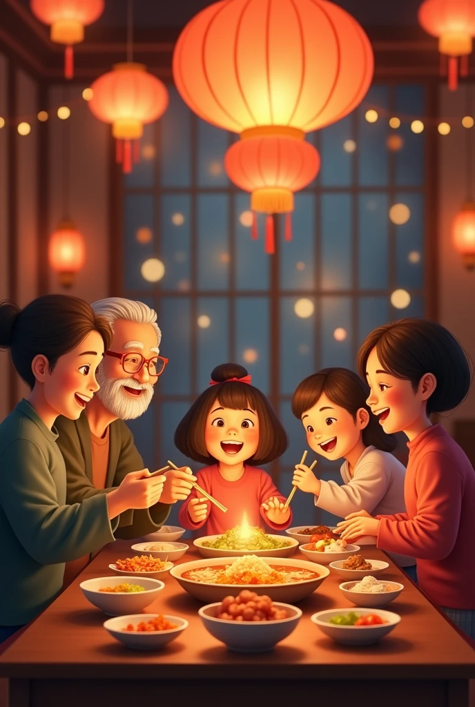 Mid-Autumn Festival. Three generations of family sitting around the table eating dinner together. There are mid-autumn lanterns hanging high around.