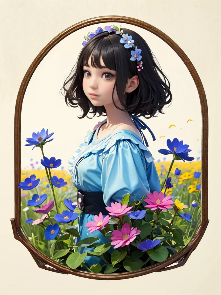 blue and pink flowers, woman with flowers in her hair, Dark Hair, Organic and natural composition, Flower Field