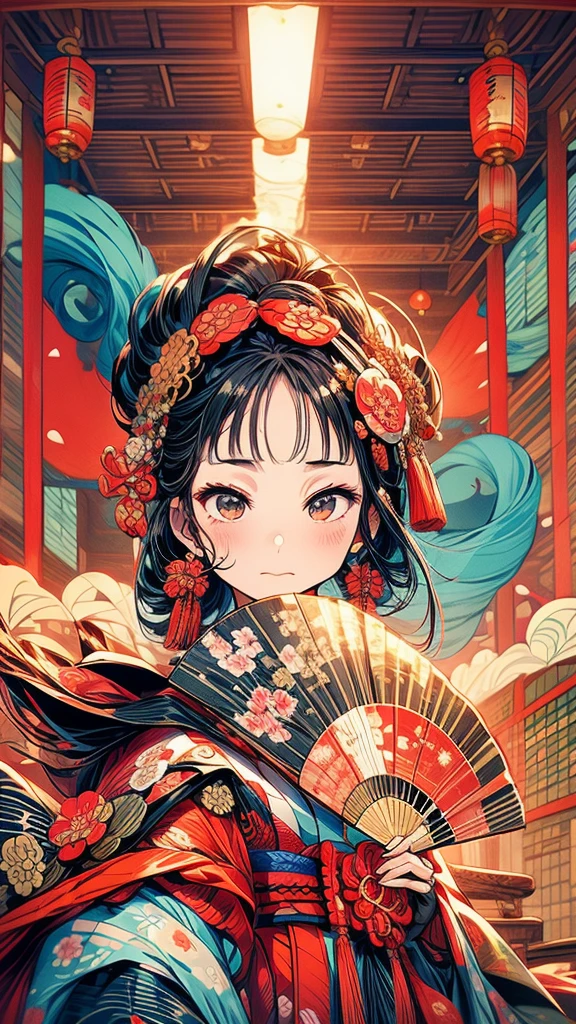 Close up portrait of woman in kimono dress holding fan, Ultra-fine detailed paintings inspired by Nishikawa Sukenobu, Pixiv, Ukiyo-e, Japanese art style, Japanese Art on Behance, traditional japanese art, Beautiful anime artwork, Japanese illustration, In the Ukiyo-e art style, From the Sengoku period