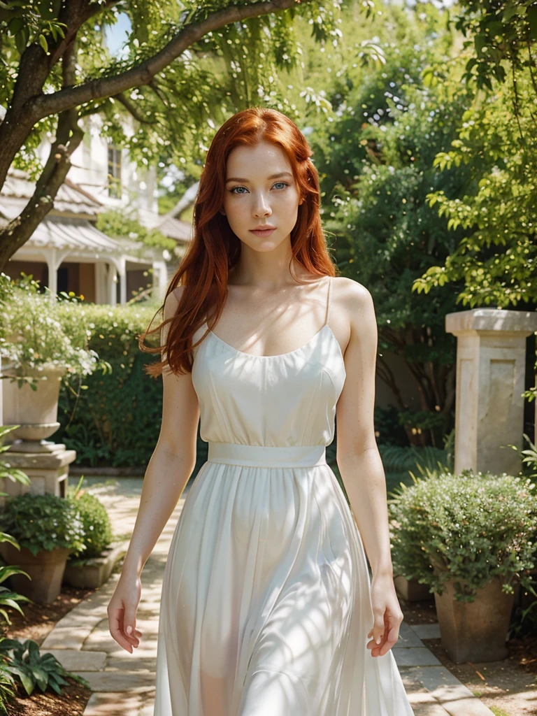 a beautiful girl with red hair and blue eyes, long eyelashes, flawless porcelain skin, serene expression, wearing a flowing white dress, sunlight filtering through trees, idyllic garden setting, birds in the background, cinematic lighting, vibrant colors, digital painting, highly detailed, photorealistic, masterpiece