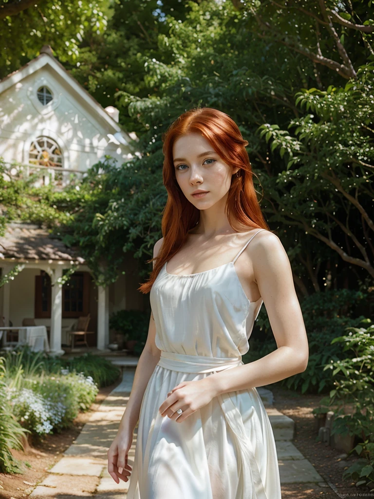 a beautiful girl with red hair and blue eyes, long eyelashes, flawless porcelain skin, serene expression, wearing a flowing white dress, sunlight filtering through trees, idyllic garden setting, birds in the background, cinematic lighting, vibrant colors, digital painting, highly detailed, photorealistic, masterpiece