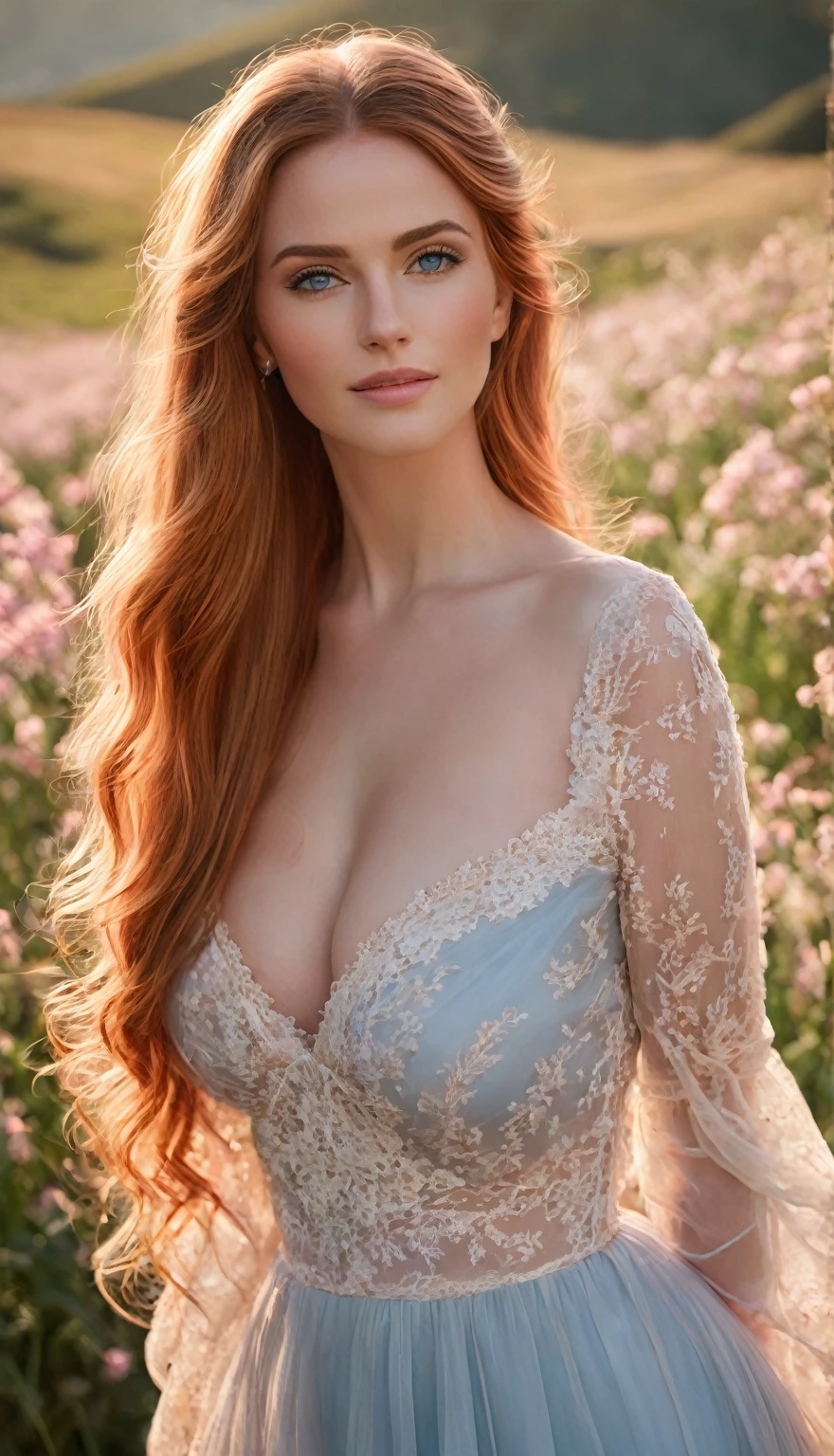 (high quality,4k,8k,highres,masterpiece:1.2),ultra-detailed,(realistic,photorealistic,photo-realistic:1.37),portrait,beautiful detailed face,flowing long red hair,stunning blue eyes,rosy cheeks,full pink lips,perfectly arched eyebrows,natural makeup,curved lashes,delicate facial features,graceful feminine appearance,sunlit garden background,warm golden light,blooming flowers,vibrant colors,soft pastel tones,detailed clothing,ethereal pink dress,flowing fabric,delicate lace trim,accentuated feminine curves,large boobs,gentle breeze,radiant smile,confident posture,feminine charm,subtle elegance,vivid blue sky,whispering grass,serene atmosphere,fairy-like beauty,romantic ambiance