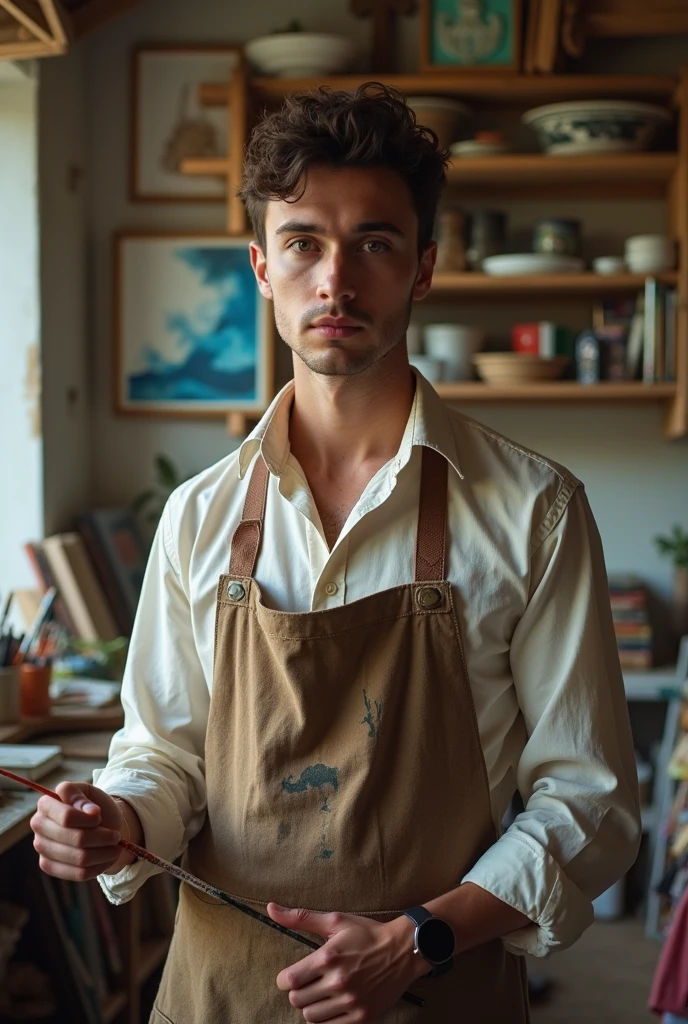 A photo of a 20-year-old artist with a realistic style. With a painter's ghembriuleHe is standing frontally in his disorganized studio, which has unfinished works of art. He is holding a paintbrush in his hand. The background contains his artworks and various art supplies. The lighting is soft.