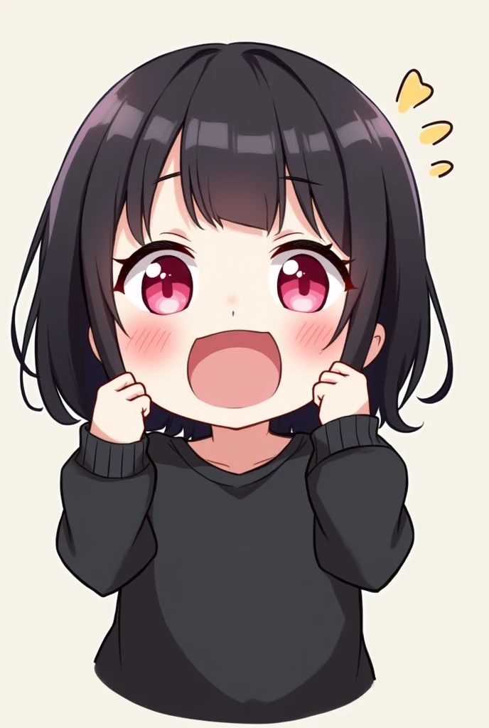 cute character with medium black hair and bangs, white skin and black sweatshirt and pink eyes, chibi style, laughing exaggeratedly