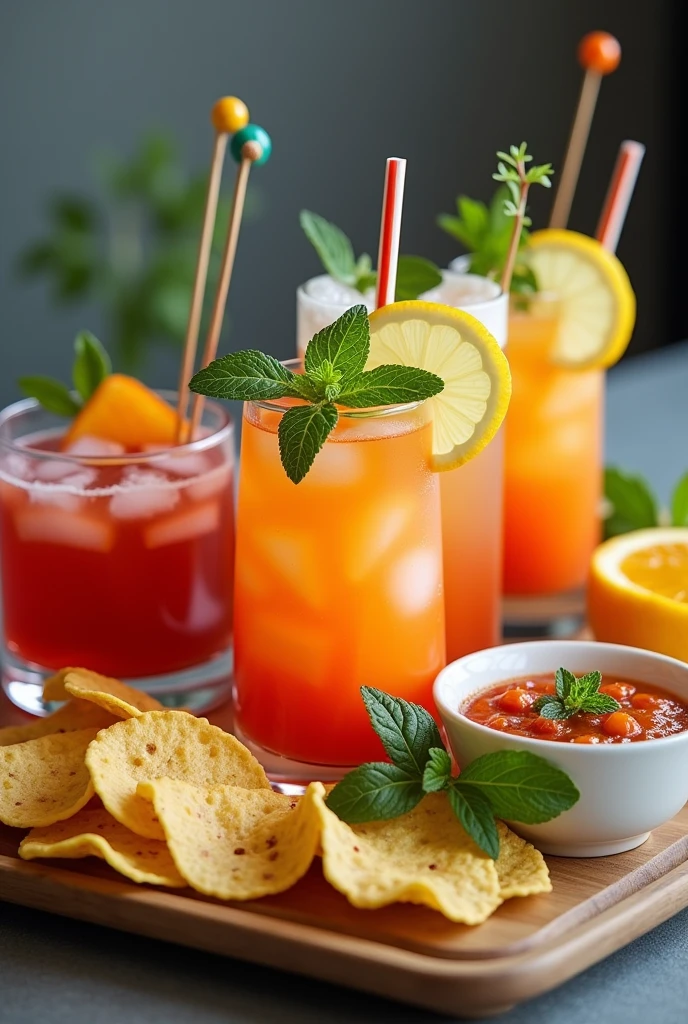 picture of cocktail drinks alongside chips and dips