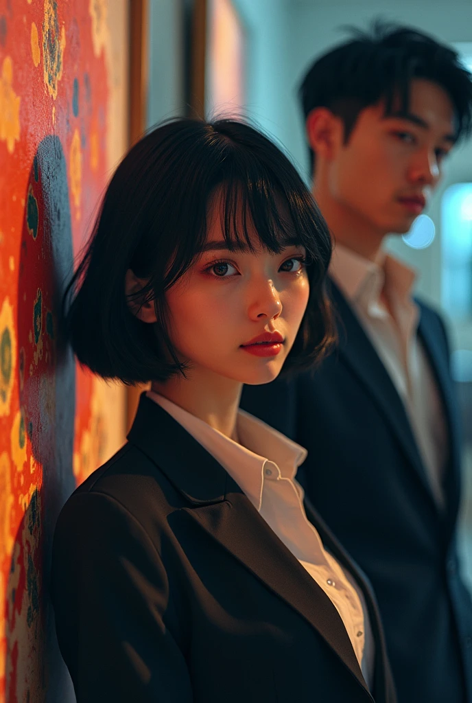 1 girl, painting, Handsome and beautiful, Single, lip, Male focus, Random color, Looking at the scenes, short hair, black cute expression, suit,Black hair
