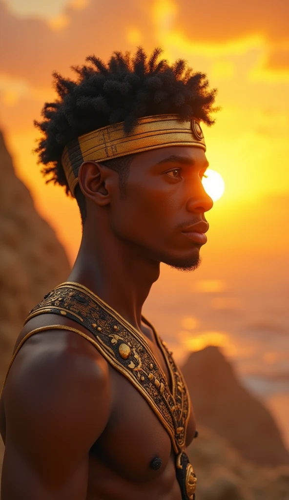 Create a highly detailed and hyperrealistic image of Atum from Egyptian mythology. Atum is a male figure around 4 with smooth golden-brown skin and piercing dark amber eyes. His hair is short, curly, and black, with a hint of gray. His face reflects both weariness and determination as he surveys his creation. Atum wears the double crown of Upper and Lower Egypt, and his skin glows with a warm, golden hue as the sun rises behind him. The background features the sun breaking over the horizon, illuminating the chaos of Nun and the emerging order. Use masterpiece, best quality, CG, wallpaper, HDR, high quality, ultra detailed face, cinematic, high detail, 8k, raw, high, artstation HQ, unreal engine, octane renderer, 4k resolution, hyperrealistic, highly detailed, and absurdres settings