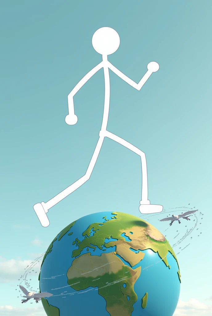 A giant stick figure in white running around the earth as if it were very small