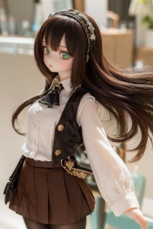 (SFW:2), photorealistic, realistic photo, 8k, ((highest quality)), ((masterpiece)), (extremely detailed), kukolnydom, doll, (mature woman, 21yo, 2, solo:1.6), ((cowboy shot, acrobatic pose, slim, slender, skinny, medium breasts, hairband, vest, ascot, dress shirt, long puff sleeves, pleated skirt, black pantyhose)), (green eyes, brown hair, long hair, plastic skin, looking at another, glass eyes, gradient eyes, shining eyes, detailed eyes:1.3)