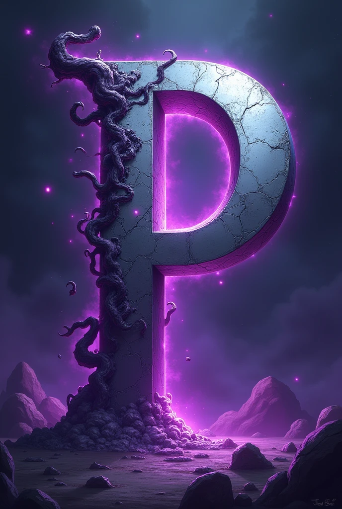 Make a super hero Symbol, {{ The symbol is made of Silver}}, {{The Symbol consists of an Giant P}}, {{it’s a symbol for a super hero team}}, {{The left side of the Symbol is corrupted by the void}}, {{more corrupted}}, {{League of legends Void}}, {{Void}}, {{Purple Corruption}}, {{symbiont type corruption}}, {{Surrounded by shadows}}, {{ Cartoon Style}}