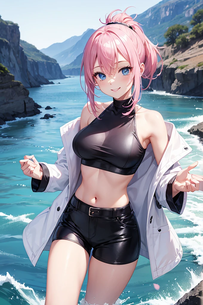 Beautiful woman, (Pink Ponytail),Sapphire-like blue eyes,Black hot pants,Exposing the abdomen, Medium chest, White long coat, Flowing River, smile