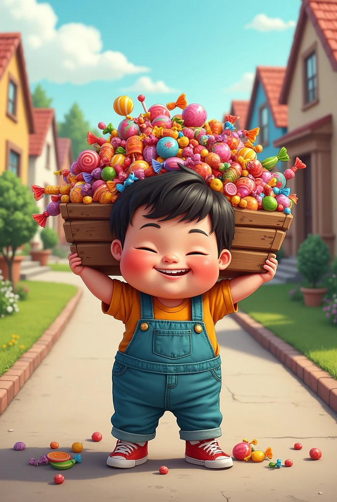 Draw me a picture , chubby boy carrying a truckload of candy