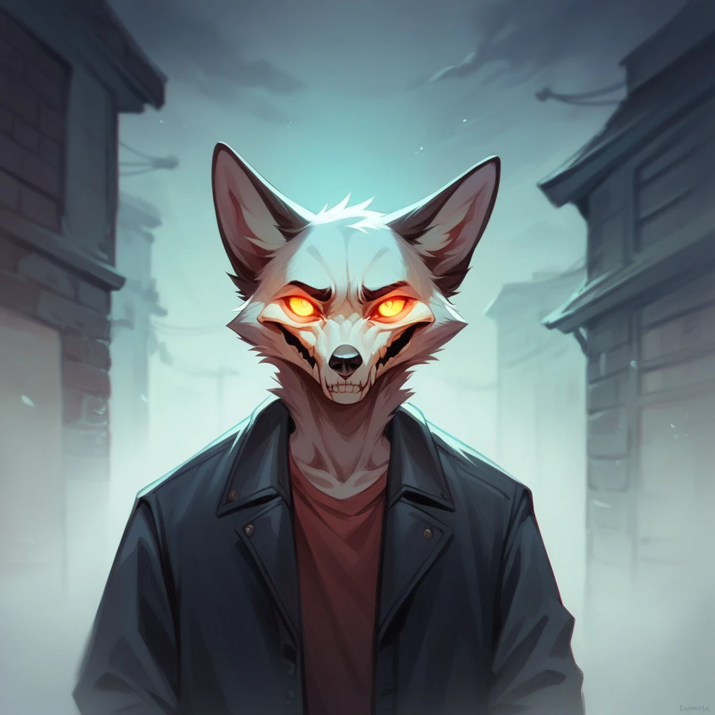 Cinematic, alone, skeleton fox, furry, glowing eyes, on a foggy street, at night
