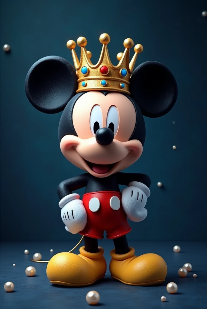 Mickey with a king's crown on his head, with navy blue background with small pearls