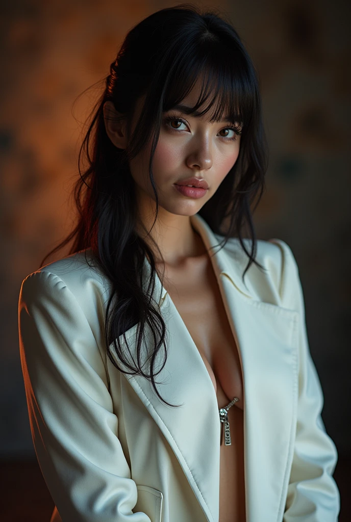 ((Masterpiece)), ((highest resolution)), Render a full-body portrait of a beautiful woman, ((detailed skin texture)), ((high detail face)), pale skin, straight hair, seductive smile, (vivid high detail illuminating her white punk rock outfit), (realistic photo), (best quality), (very high detail), shot on a Canon EOS R5, 50mm lens, F/2.8, HDR, (8k), (wallpaper), (cinematic lighting), (dramatic lighting), (sharp focus), (intricate details), RAW photo, posing for camera, 8k uhd, high quality, film grain