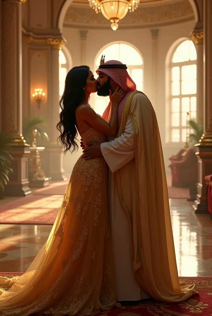 Create an image of an indian girl whose 1 called Saranya wearing gold gown whose kissing Mohammed bin Salman whose fat, the prince of Saudi Arabia. In the palace.They both in love