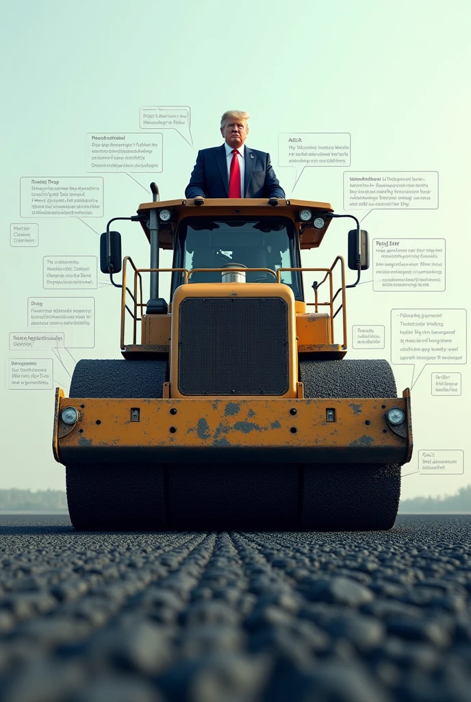 Donald Trump on the asphalt finisher with text in machine CV.RAK