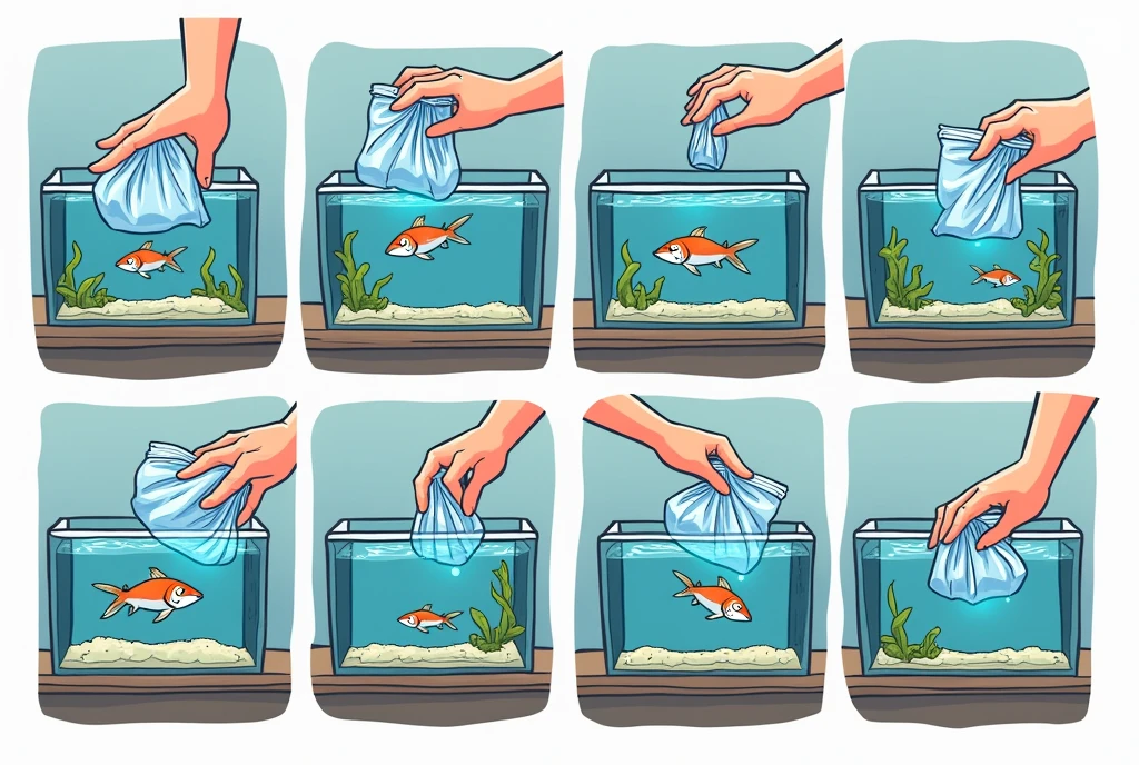 step by step instructions as a comic with 7 pictograms: Panel 1: Image description: An aquarium with glowing light, next to it a hand, holding a closed transport bag with fish. Panel 2: Image description: The bag floats in the aquarium, while the fish are calm inside. Panel 3: Image description: A hand carefully opens the bag, the edge is slightly rolled up. One of the fish looks out. Panel 4: Image description: A hand scoops water from the aquarium into the opened bag with a small cup. Panel 5: Image description: The bag is almost full of water. The fish swim relaxed. Panel 6: Image description: A hand holds a landing net and catches the fish from the bag, to put them in the aquarium. Panel 7: Image description: The empty bag is emptied over a sink, the water runs away.