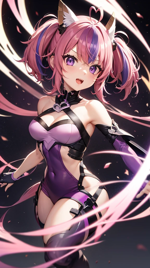 ironmouse, ahoge, medium hair, multicolored hair, pink hair, (purple eyes:1.1), purple hair, sidelocks, streaked hair, swept bangs, two side up, two-tone hair, hair ornament, heart, heart ahoge, heart hair ornament,One person,masterpiece, Anatomically correct, Open your mouth, Sticking out tongue, look up, Character portrait, moving line, Background blur,