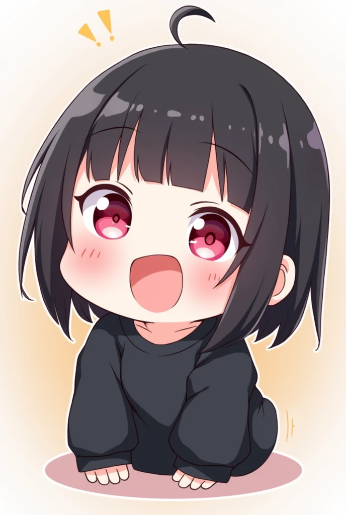 cute character with medium black hair and bangs, white skin and black sweatshirt and pink eyes, chibi style, laughing exaggeratedly
