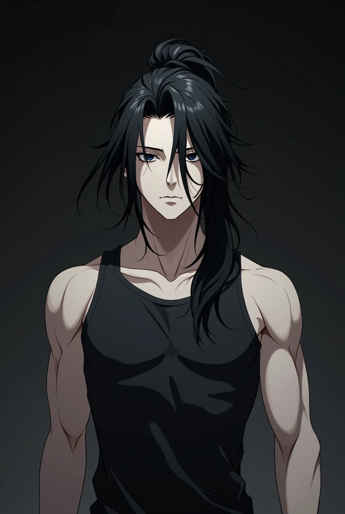 Cool, handsome, long hair, male, 2D anime, no shadow, dark, white skin, black hair, drag hair, tied in a bun, dark eyes, scruffy, muscular, tank top