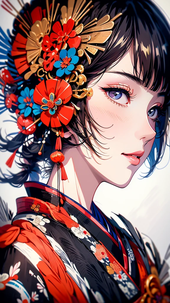 Close up portrait of woman in kimono dress holding fan, Ultra-fine detailed paintings inspired by Nishikawa Sukenobu, Pixiv, Ukiyo-e, Japanese art style, Japanese Art on Behance, traditional japanese art, Beautiful anime artwork, Japanese illustration, In the Ukiyo-e art style, From the Sengoku period