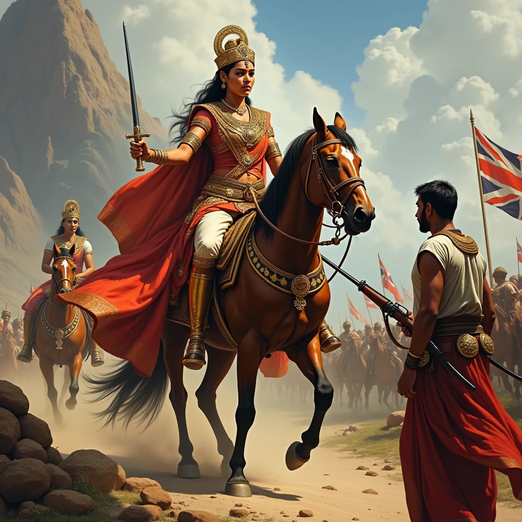 A South Indian queen, who is Hindu, is holding a sword in one hand and a horse in the other, with mountains and battlefields in the background and also the queen's maid. And queen one hand a katana  , and background a indian flag fight , queen fight british king , british king was very dangerous his hand a rifle , British king fighting indian queen , india flag, british flag  , queen india 