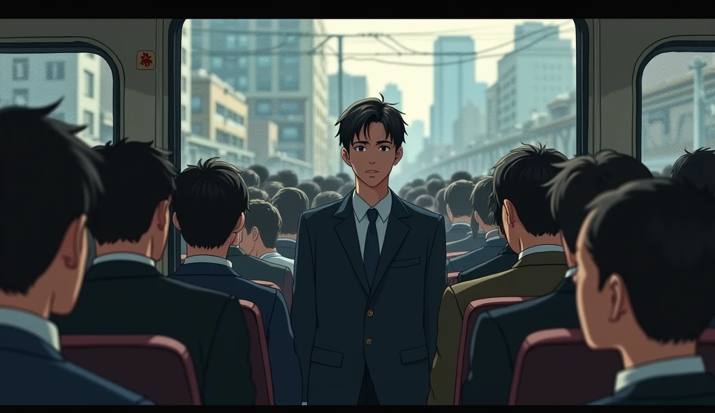 A young Japanese salaryman standing in a crowded train. The scene is realistic, capturing the morning rush hour. The salaryman, dressed in a suit, is surrounded by people packed tightly in the small space. Outside the train window, an urban landscape is visible, reflecting the sense of congestion and crowding