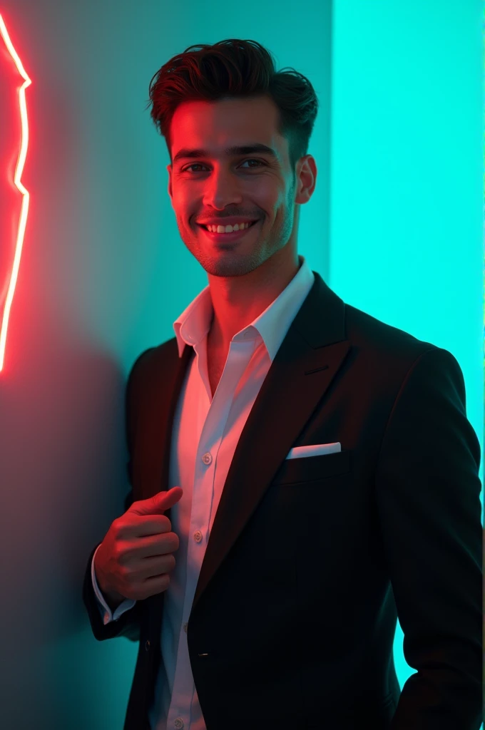 A young Man With Dark hair and a confident smile He is Dressed in a black blazer over a white shirt The man is positioned against aqua colour backdrop with a subtle red lightning on the left side and