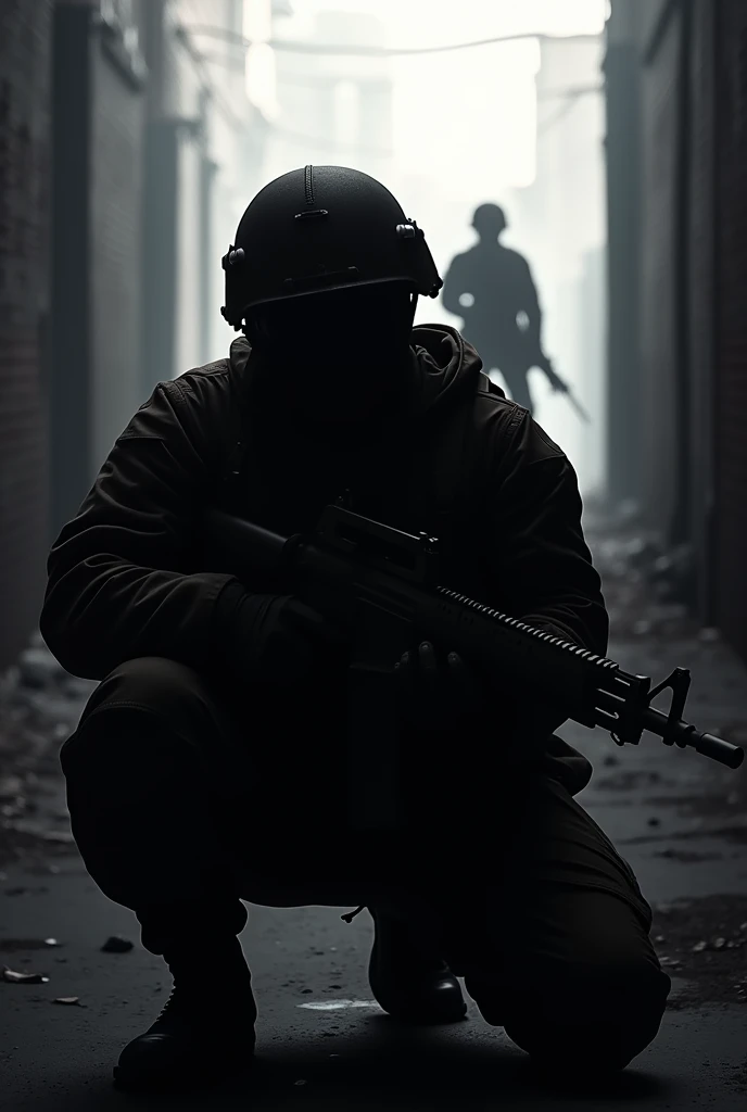 Wide angle, showing two characters. One soldier on the left the other on the left. The left is crouched, holing gun. The soldier on the right is farther behind.(only his sillhoute shown. Let them both face towards the screen