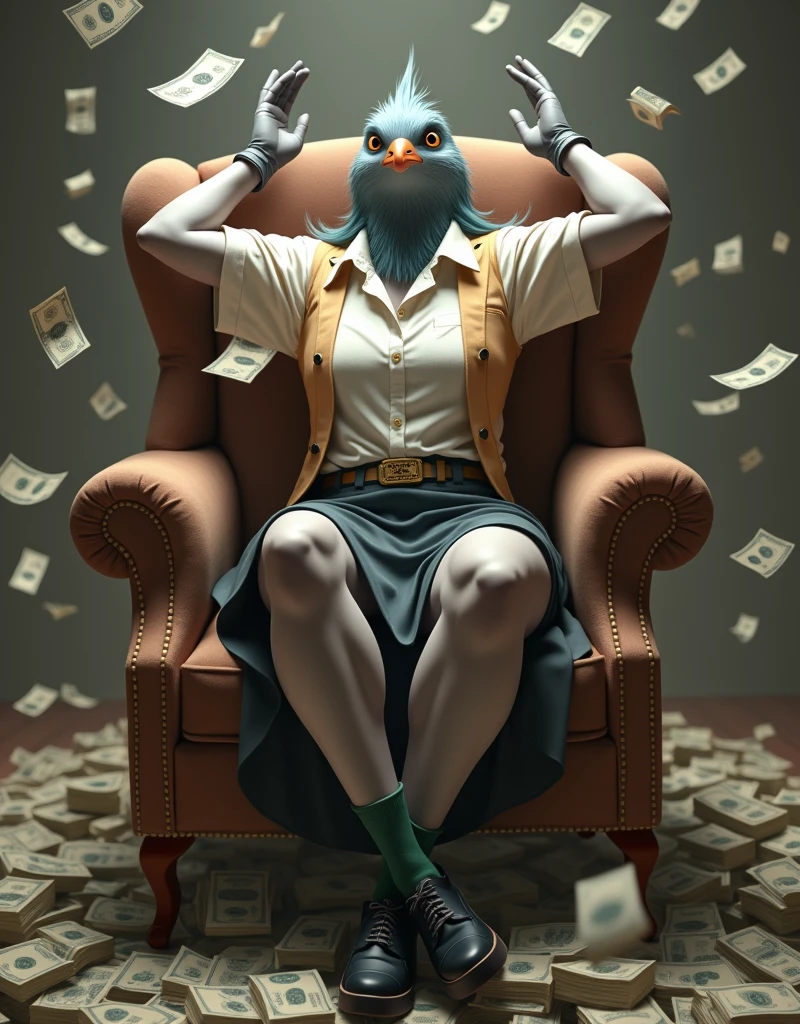 ((Highest quality)), ((masterpiece)), (photograph), (front), (Short sleeve),(Crossing one's limbs),(Bills flying everywhere),A grey female pigeon with a big smile is wearing an off-white collared short-sleeved shirt, a light brown vest, a knee-length black skirt, dark green socks and black shoes.、She is sitting cross-legged in a plush chair with her arms spread above her head、Surrounded by a lot of money, bills flying around、A stack of bills that covered the lower half of the body、Muscular grey female pigeon、photographのようなリアルな画像。